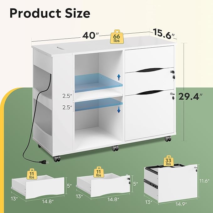 DEVAISE File Cabinet with Lock, 3 Drawer Rolling Mobile Lateral Filing Cabinets with Charging Station Printer Stand with Open Storage Shelves Fits A4 or Letter Size for Home Office White