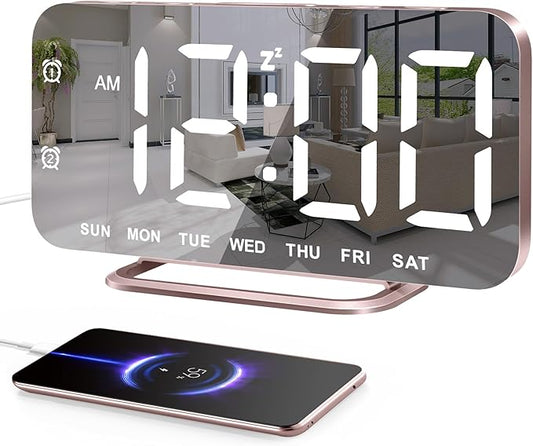 Slim LED Digital Alarm Clock, Mirror Surface for Makeup, with Diming, Large Display, Easy Setting, USB Ports, Modern Decor for Bedroom, Desk, Christmas, Birthday Idea Gift for Women, Sister, Mom, Pink