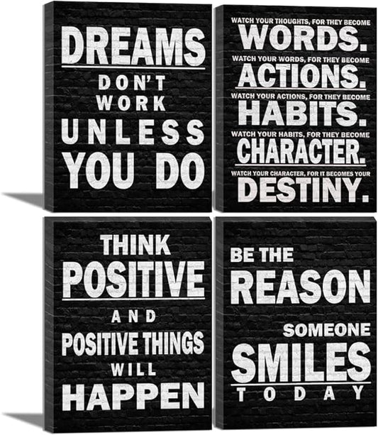 Black and White Motivational Wall Ar Poster Quotes for Office Workplace Gym School Positive Quotes Office Wall Decor Sign-Dreams Don't Work Unless You Do,Watch Your Thoughts, Think Positive, Be the