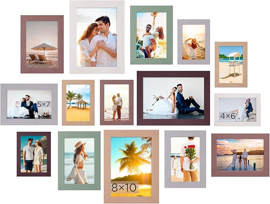 Funtopia 15 Pack Picture Frames, Gallery Wall Frame Set for Family, 8x10, 5x7, 4x6 Photo Frames Collage for Wall Hanging or Tabletop Display, 6 Colors
