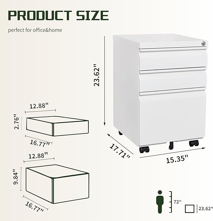 3 Drawer File Cabinet with Lock,Rolling Mobile File Cabinet with Wheels for Home Office,Under Desk Metal Filing Cabinet,Office Storage Organizer,Fully Assembled,White