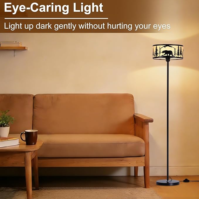 Mid Century Modern Floor Lamp,Unique Deer Bear Black Farmhouse Drum Gothic Floor Lamp with White Parchment,57.67" Tall Metal Rustic Standing Light for Living Room,Bedroom,Home,Office,Corner