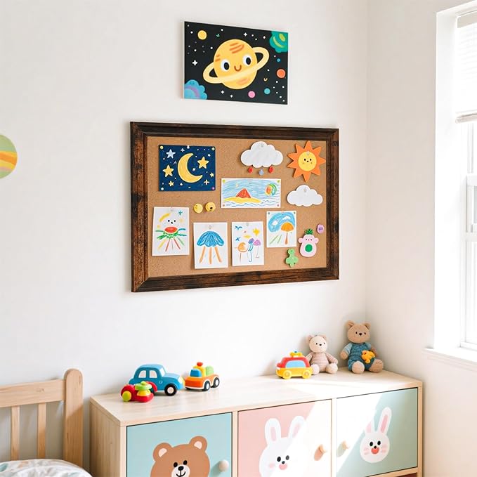 Cork Bulletin Board, 24"x18" Corkboard for Wall with Vintage Brown Wooden Frame, Hanging Pin Board for Home Office Decor, 10 Push Pins
