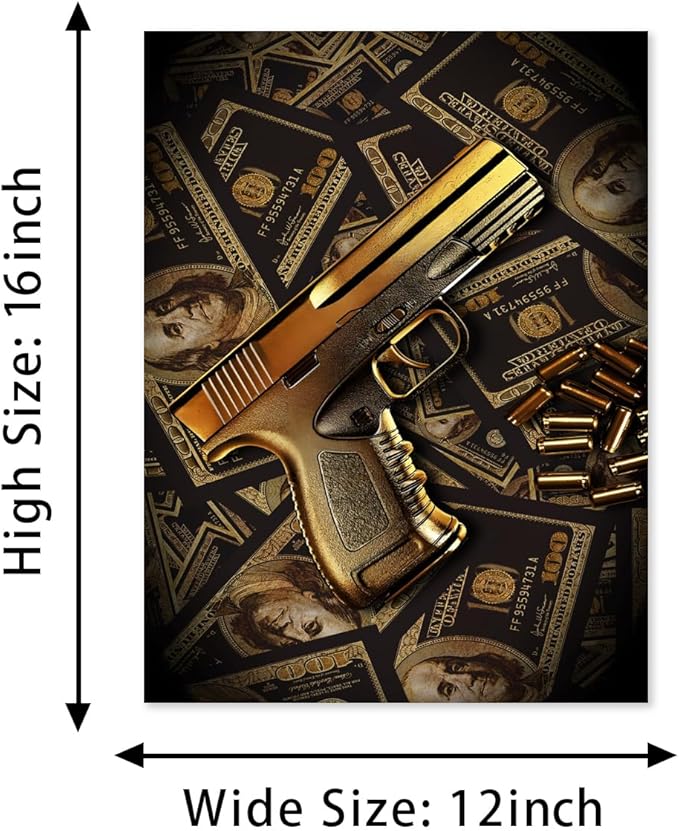 Real 100 Bill Dollar Cash Money Collection Gun Motivational Canvas Wall Art Money Killer Poster Print for Office Home Decor 12x16in
