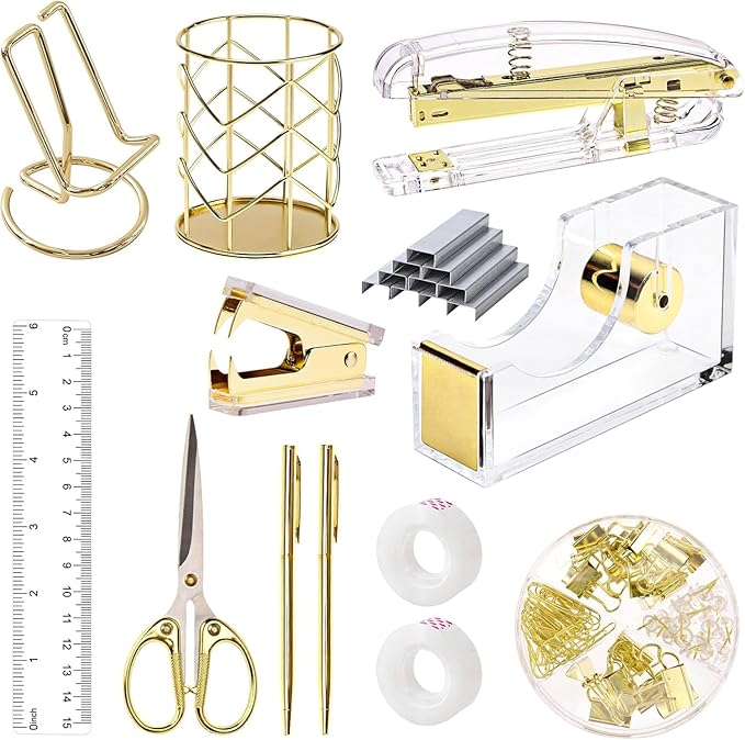 suniya Office Supplies,Desk Accessories,with Stapler,Tape Dispenser,Pen Holder Cup for Desk,Staple Remover,Scissor,Ballpoint Pen,Clear Tape, Staples,Phone Stand,Ruler,Binder,Best Gift Set(Gold)