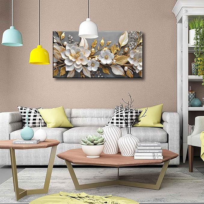 Large Living Floral Canvas Wall Art Gold White Plant Abstract Decor painting Pictures Modern Nordic Botanical Flowers Posters Prints for Bathroom Bedroom Office Hallway Home Decoration