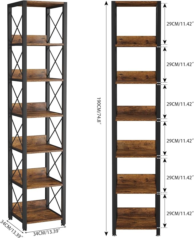 IBUYKE 6-Tier Tall Narrow Bookcase,Wood Corner Shelf Storage Display Rack for Small Spaces,Free Standing Open Bookshelf Square Shelf Tower for Home Office Living Room Bathroom, Rustic Brown UTBC001H