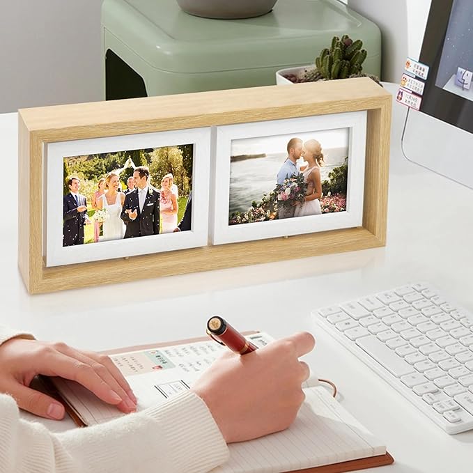ZEEYUAN 4x6 Desk Picture Frame Rotating 4x6 Floating Photo Frame Wooden Double Side Frame Tabletop for Office Home Decor