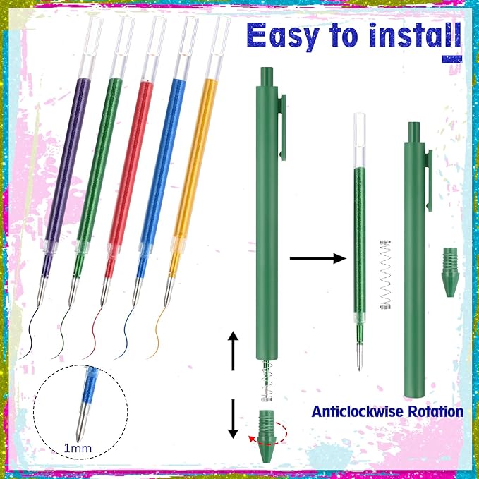 50 Pcs 1mm Retractable Ballpoint Pen Refills Bulk 4.92 Inch Replacement Ballpoint Ink Pen Refills Smooth Writing for Click Ball Point Pens School Office Supplies (Colored,Glitter)