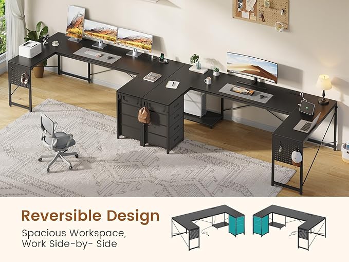 L Shaped Desk, 67" Reversible Computer Desk with 4 Fabric Drawers and Power Outlet, Corner U Shaped Desk with Shelf and Pegboard for Home Office, Black