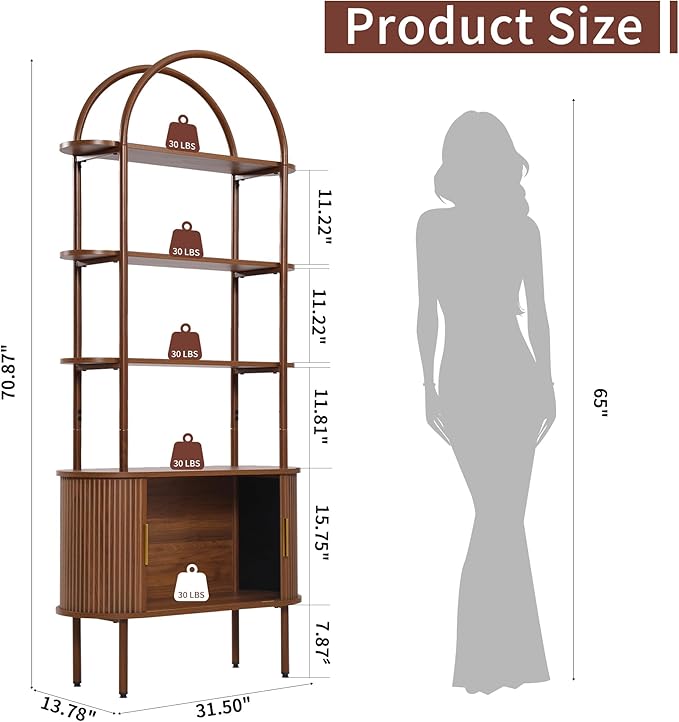 Turtle&Myrtle Tall Arched Bookshelf, Mid Century Modern Fluted Bookcase Cabinet with Sliding Doors, Curved Metal Frame Bookcase, Industrial Storage Display Shelving for Living Room, Bedroom (Walnut)
