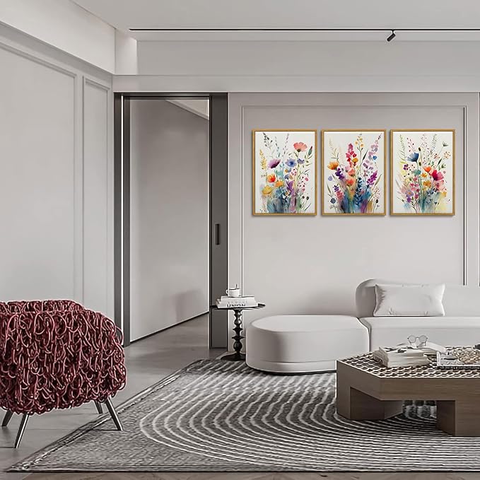 KISSFOX Framed Colorful Wildflower Canvas Wall Art Set Of 3 Flowers Pictures Prints Flowers Printing Floral Watercolors Flower wall Decor Living Room Girls Bedroom Bathroom