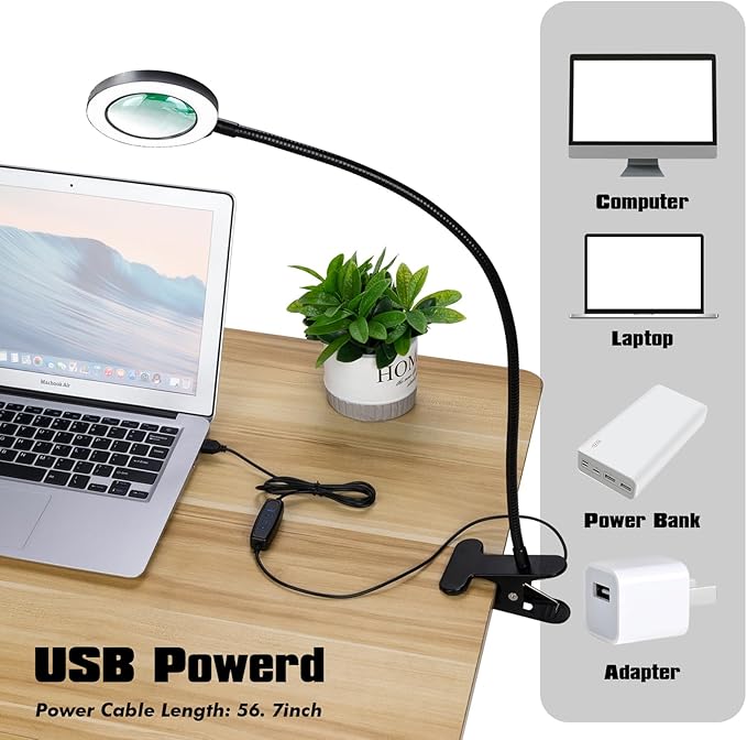 Desk Magnifying Glass with Light 10x, Magnifer with 3 Light Color, 10 Adjustable Brightness, Flexible Gooseneck, Magnifying Lamp with Clamp for Craft, Diamond Painting, Soldering, Elderly