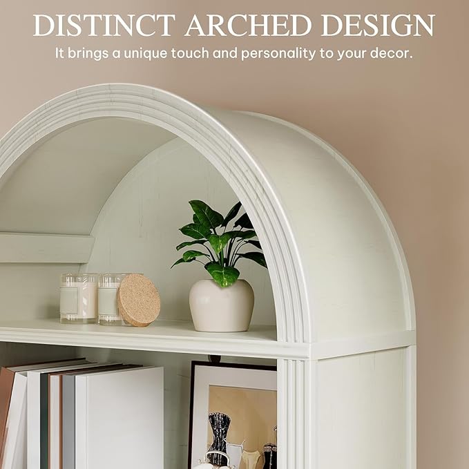 YITAHOME Vintage 68.5" Tall Arched Bookshelf, Tall Bookcase 5 Tiers Arched Bookcase with Storage, White Bookshelf Display Storage Rack with Adjustable Shelves for Living Room, Office, Antique White