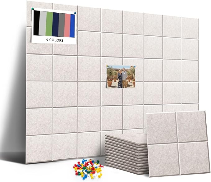 MISSDAY Oatmeal Acoustic Wall Panel Felt Bulletin Board 48" x 36" Cork Board for Wall, 12-Pack Boards with 72 Removable Adhesive Tabs, 50 Pins, Pin Board for Home Office Classroom Soundproof Wall Tile