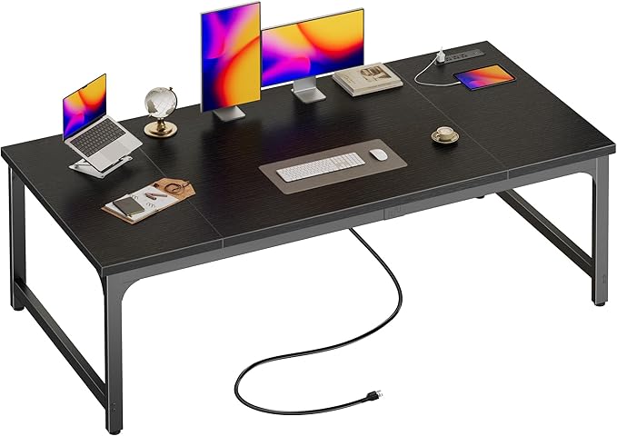 Huuger 63 x 31.5 inch Desk with Power Outlets & USB-C, 0.95 Inch Thicker Desktop, Robust Metal Tubes, Deep Computer Desk, Heavy Duty Office Work Desk, for Home Office, Black