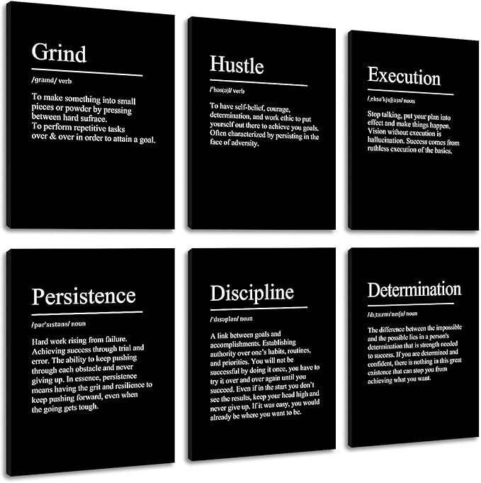 COSCTOR Set of 6 Grind Hustle Execution Discipline Determination Persistence Motivational Wall Art Picture Decor Canvas Framed for Office Garage Workplace Inspirational Posters Paintings Ready to Hang(Framed,12x16)