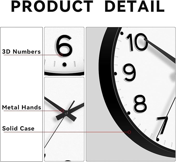 Wall Clock 12 Inch Silent Wall Clocks Battery Operated-Modern Non Ticking Analog Clock Decorative for Kitchen Bedroom Office (Black)