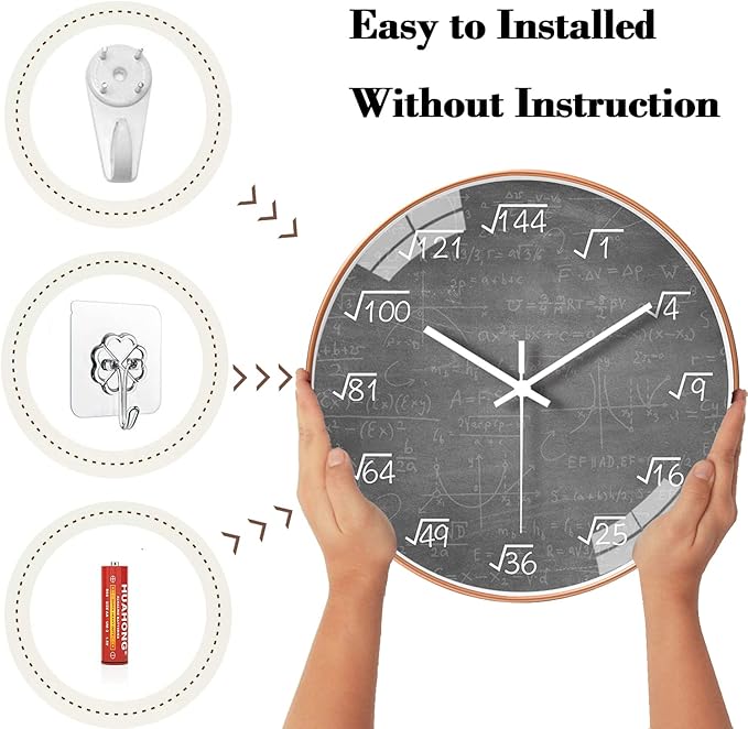 10 Inch Math Wall Clock Silent Non Ticking Movement Quality Quartz Wall Clock for Office Classroom/School/Home/Kitchen/Living Room Wall Decorations (Grey)