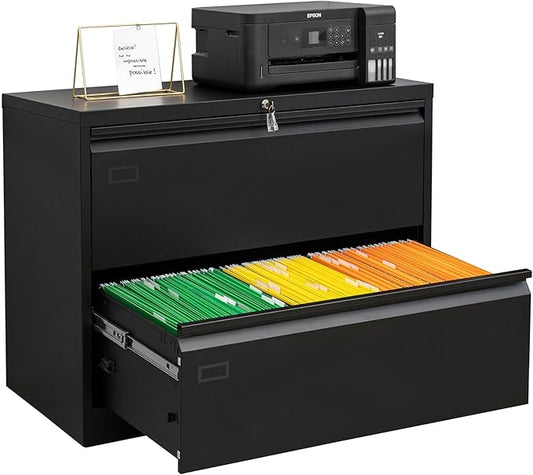 2 Drawer Filing Cabinet, Black Lateral File Cabinet with Lock, Lockable Metal File Cabinet for Home Office, Office File Cabinets for Legal/Letter/A4/F4 Size with Hanging Files&Key (Black(2 Drawer))