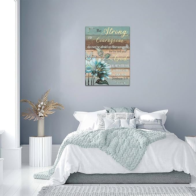 yerretin Christian Wall Art Bible Verse Floral Pictures Wall Decor Religious Scripture Teal Flower Canvas Painting Home Decoration Artwork for Bathroom Bedroom Living Room Office Framed 12"x16"