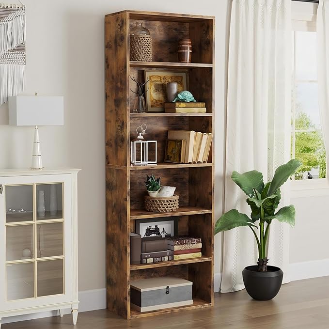 oneinmil 6 Tier Bookshelf and Bookcase, Wooden Bookshelves with Cabinet Doors, Floor Bookshelves and Office Storage Cabinets for Home Office, Living Room,Brown