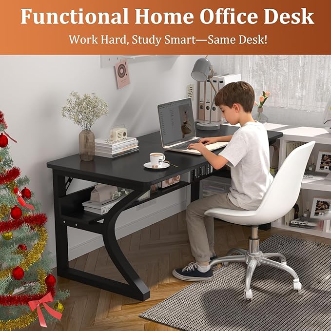 47 inch Computer Desk, Home Office Desk with Storage Shelf, Sturdy U-Shaped Metal Frame Study Table with Cable Management, Gaming Desk for Office & Bedroom
