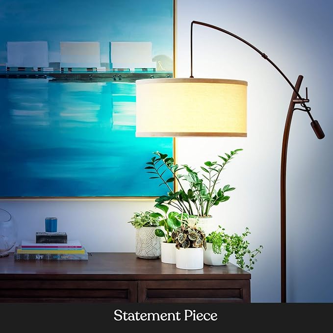 Brightech Grayson LED Floor Lamp, Modern Arc Lamp with Linen Shade for Office & Living Room, Tall, Height Adjustable Industrial Standing Lamp for Bedroom Reading, Over The Sofa - Bronze