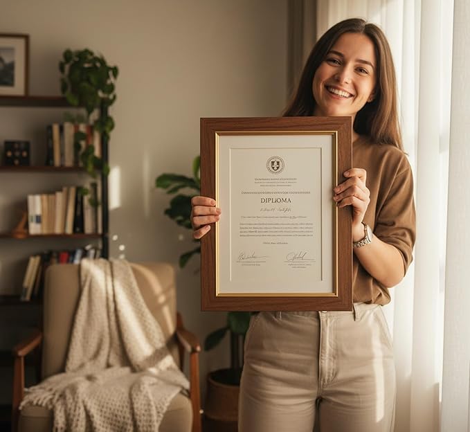 Diploma Frame With Photo Opening Natural Wood Black Over Gold Mat - Fits 11 x 14 Degree and Picture Made in the USA
