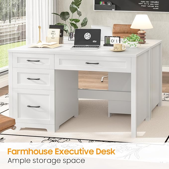 Vabches Farmhouse 47" Executive Desk with File Drawer, Wood Computer Desk with 3 Storage Drawers, Workstation for Home Office, Study, Writing.White.
