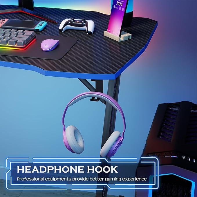 PayLessHere | 35" Gaming Table | Blue | Z-Shaped Computer Desk with Steel Frame, Headphone Hook, Adjustable Feet | Carbon Fiber Texture Surface, Sweat & Waterproof | for Gaming, Home Office