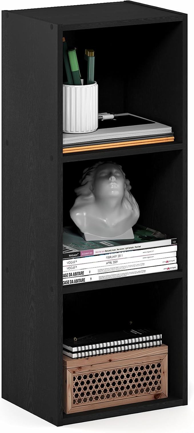 Furinno LUDER Book Shelf, 3-Cube Bookcase, Bookshelf, Open Storage Shelf, 9.3 x 12 x 31.5 Inches, for Home Office, Living Room, Darkwood
