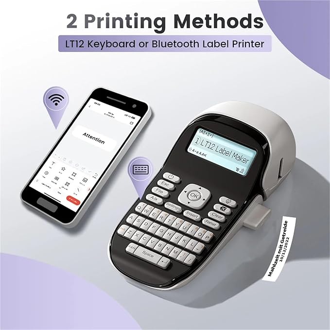 Label Printer, LT12 Label Maker Portable Inkless Printer Bluetooth Handheld Sticker for Office Home QWERTY Keyboard One-Touch Key(Black Printer)