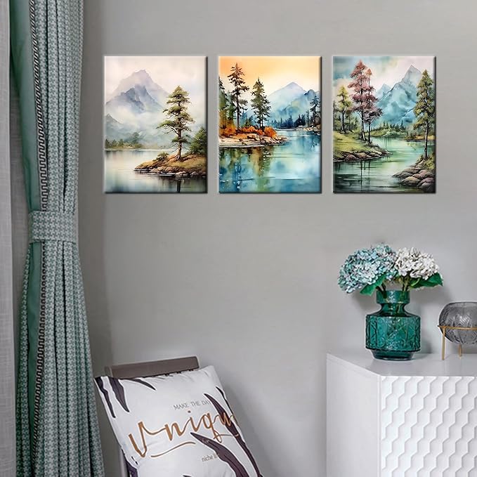 Landscape Canvas Wall Art Watercolor Green Forest Lakes Poster Print Mountain Range Picture Painting Artwork for Modern Home Bedroom Bathroom Wall Decoration Stretched and Framed [36''W x 16''H]