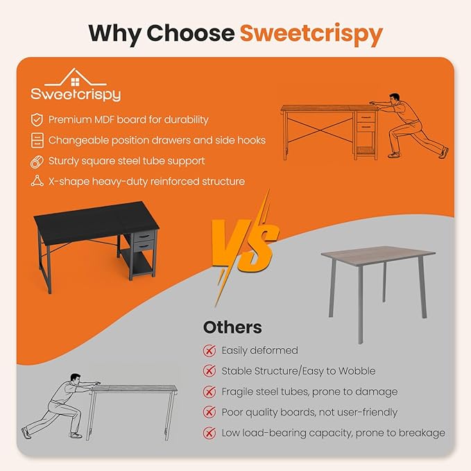 Sweetcrispy 47 Inch Computer Desk with Drawers for Home Office, Writing Desk with X-Shaped Reinforcement, Wood Table with Adjustable Position Drawers, Modern Study Work Table with Side Hook, Black