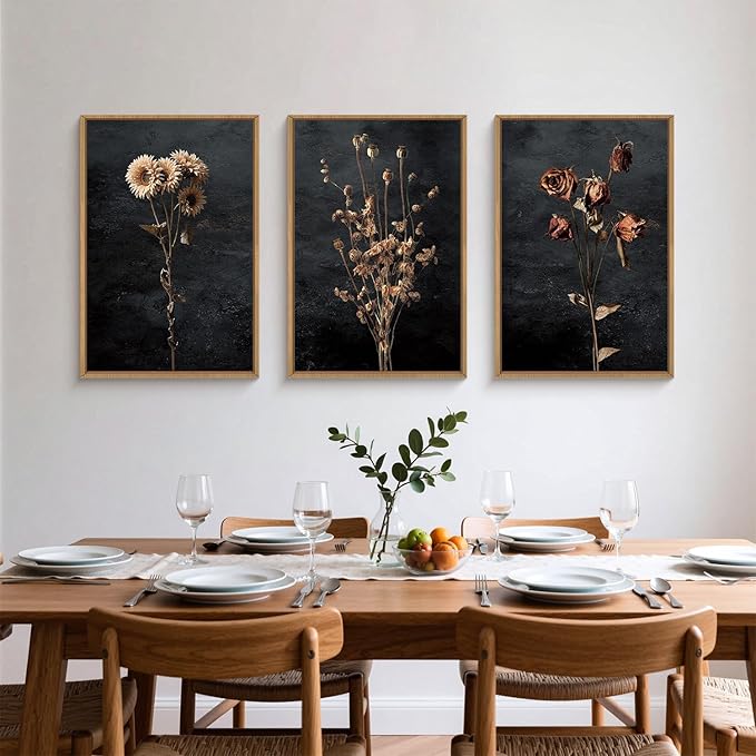 Large Moody Dark Floral Framed Canvas Wall Art Set,Vintage Mid Century Dried Flower Wall Decor,Modern Boho Wildflower Botanical Artwork for Living Room,Bedroom,Farmhouse-16 x24 x3