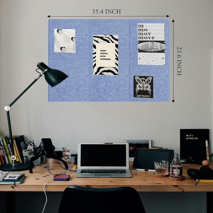 Light Blue Bulletin Board 36" x 24", Cute Cork Boards for Walls, 6 Pack 12" x 12" Felt Tiles with 30 Colored Pushpins, Christmas Decorations Board for Office, School, Bedroom