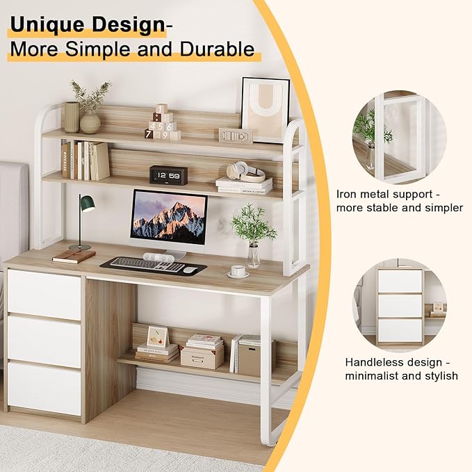 Computer Desk with 3 Drawers and Shelves, 55 Inch Desk with Hutch for Small Spaces, Study Writing Desk with Shelves for Bedrrom, Adjustable Feet, Walnut
