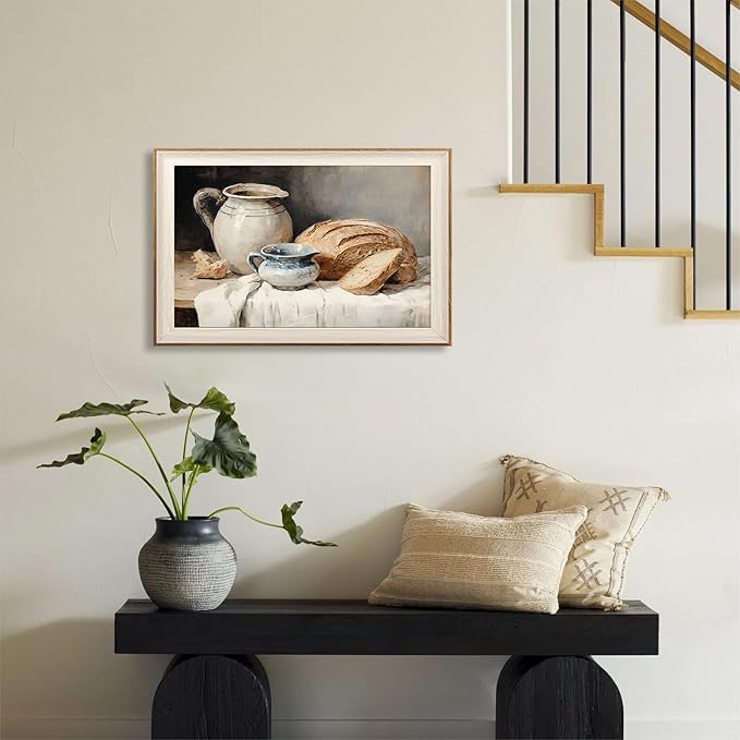 ASTRDECOR Framed Kitchen Wall Art, Modern Muted Still Life Painting Farmhouse Wall Decor, Sourdough Bread Canvas Art Prints, Rustic Jars White Tablecloth Country Wall Decor Living Room-16''x 24''
