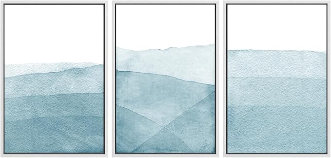 SIGNWIN 3 Piece Framed Canvas Wall Art Blue Wash Brushstroke Watercolor Nature Wilderness Illustrations Abstract Traditional Home Artwork Decoration for Living Room,Bedroom - 24"x36"x3 White