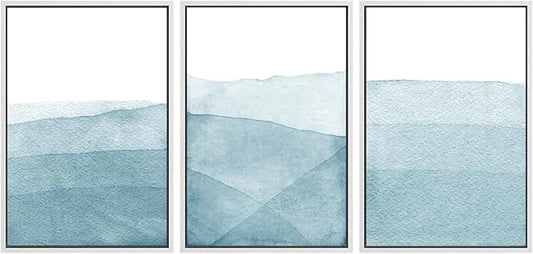 SIGNWIN 3 Piece Framed Canvas Wall Art Blue Wash Brushstroke Watercolor Nature Wilderness Illustrations Abstract Traditional Home Artwork Decoration for Living Room,Bedroom - 24"x36"x3 White