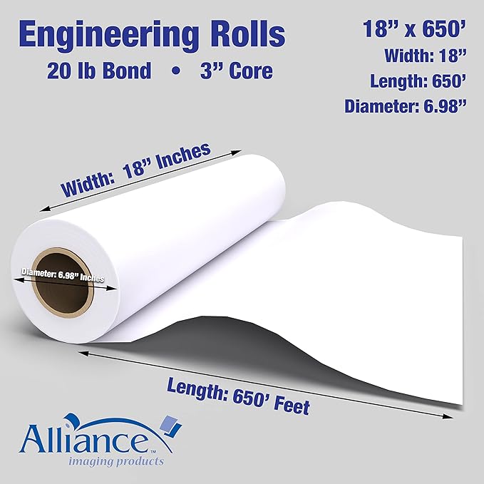 Alliance Wide Format Paper Rolls, 20lb with 3" Core (18 In x 650 Ft | 3" Core, 20lb | 4 Rolls)