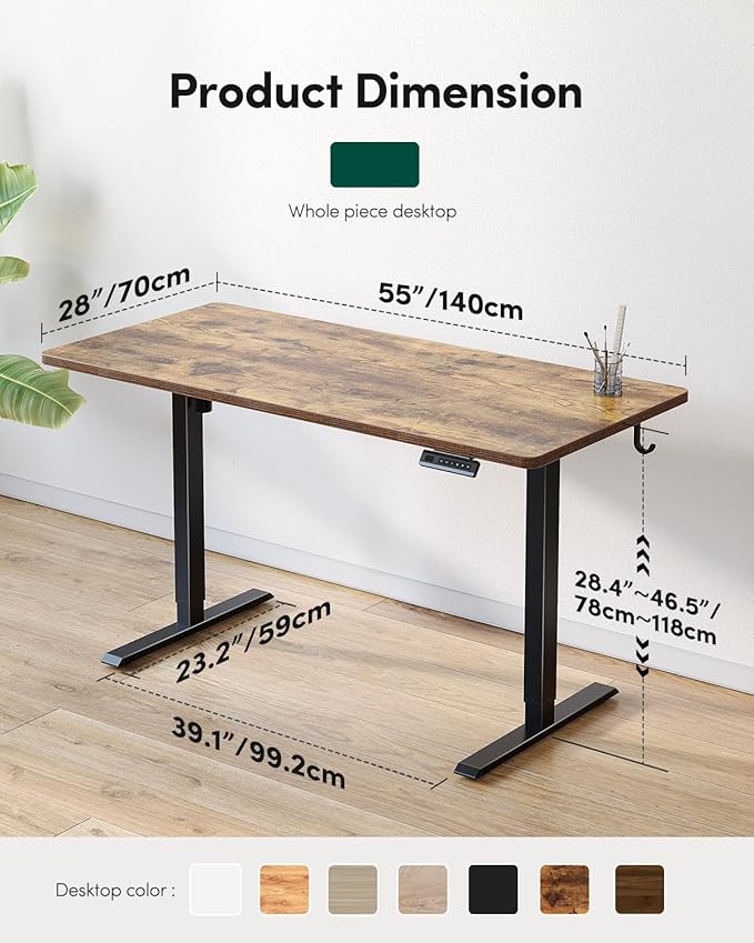CubiCubi 55 x 24 Large One-Piece Standing Desk, Adjustable Height Electric Computer Home Office Sit Stand up Workstation, with 4 Memory Presets, Headphone Hook, Rustic Brown