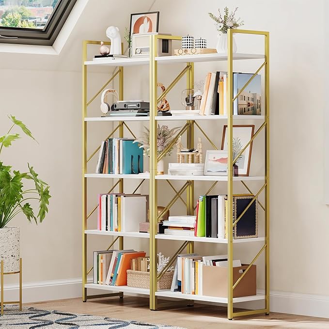 DWVO Gold Bookshelf, Modren 5 Tier Bookcase, Storage Shelves Organizer Standing Shelf, Display Rack Book Shelves for Bedroom,Living Room,Office,Kitchen, Gold