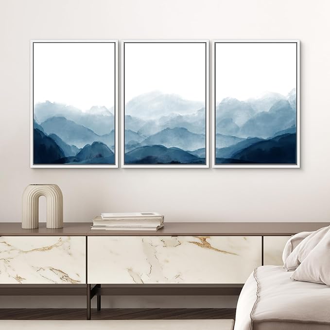 SIGNWIN Framed Canvas Print Wall Art Blue Watercolor Mountains in Fog Nature Wilderness Modern Art Cool for Living Room, Bedroom, Office - 24"x36"x3 White