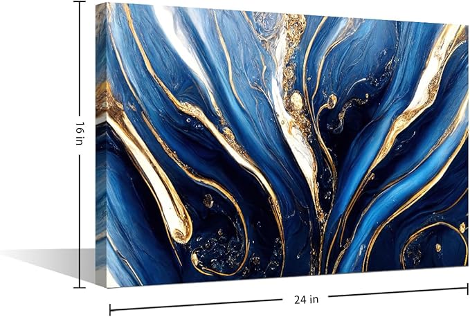 1 Panel Wall Art Decor Abstract Canvas Artwork Digital Art Marbling Texture Picture Blue Gold and White Colors Poster Prints for Men Office Wall Decor Stretched and Framed Ready to Hang 24x16 in