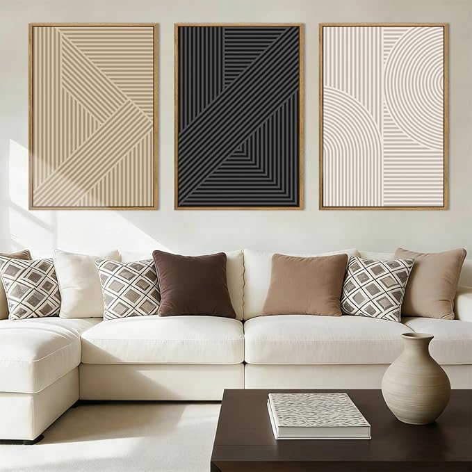 BINCUE Large Neutral Abstract Wall Art Decor Framed,Mid Century Modern Canvas Arts,Boho Wall Paintings Minimalist,Beige Geometric Artwork for Home Living Room Bedroom Bathroom 36x24 Inch Set of 3