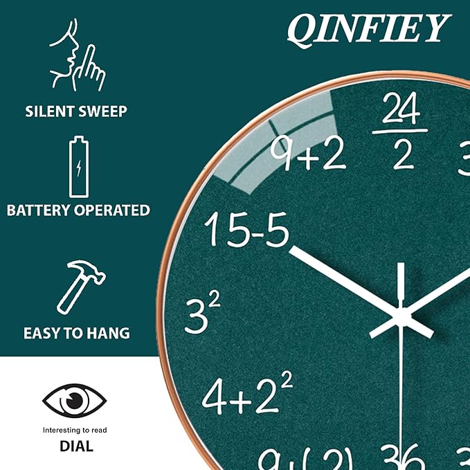 12 Inch Math Wall Clock Silent Non Ticking Movement Quality Quartz Wall Clock for Office Classroom/School/Home/Kitchen/Living Room Wall Decorations (Green)