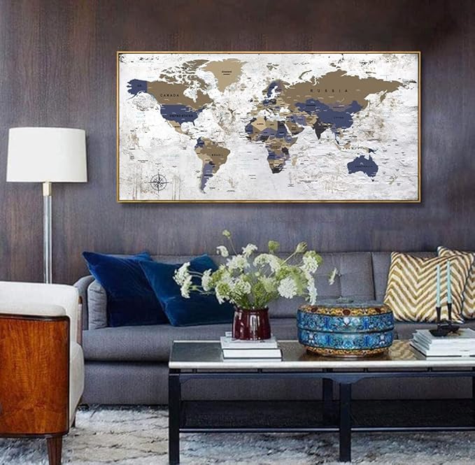 Framed Wall Art World Map Wall Art Canvas Picture24inx48in Large Grey Map of The World Canvas Painting Artwork Prints for Office Wall Decor Home Living Room Decorations Framed Ready to Hang