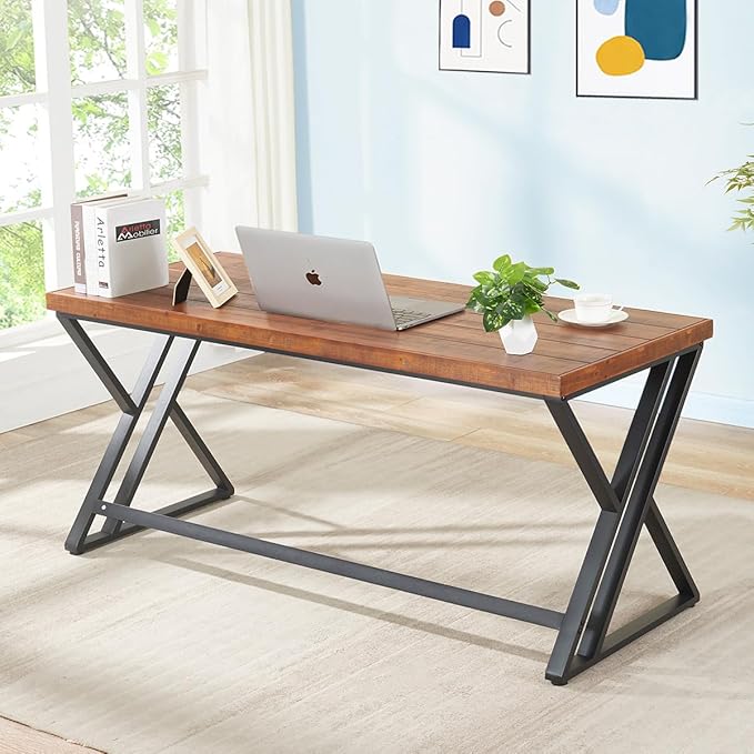Real Wood Computer Desk, Home Office Solid Wood Writing Desk, Farmhouse Long Natural Wood Executive Work Desk, Industrial Rustic Wooden Metal PC Gaming Office Table Workstation, Brown, 60 in